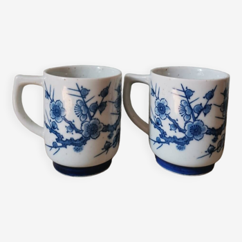 Set of 2 vintage Korean mug cups with blue cherry blossom pattern