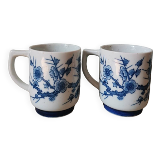 Set of 2 vintage Korean mug cups with blue cherry blossom pattern