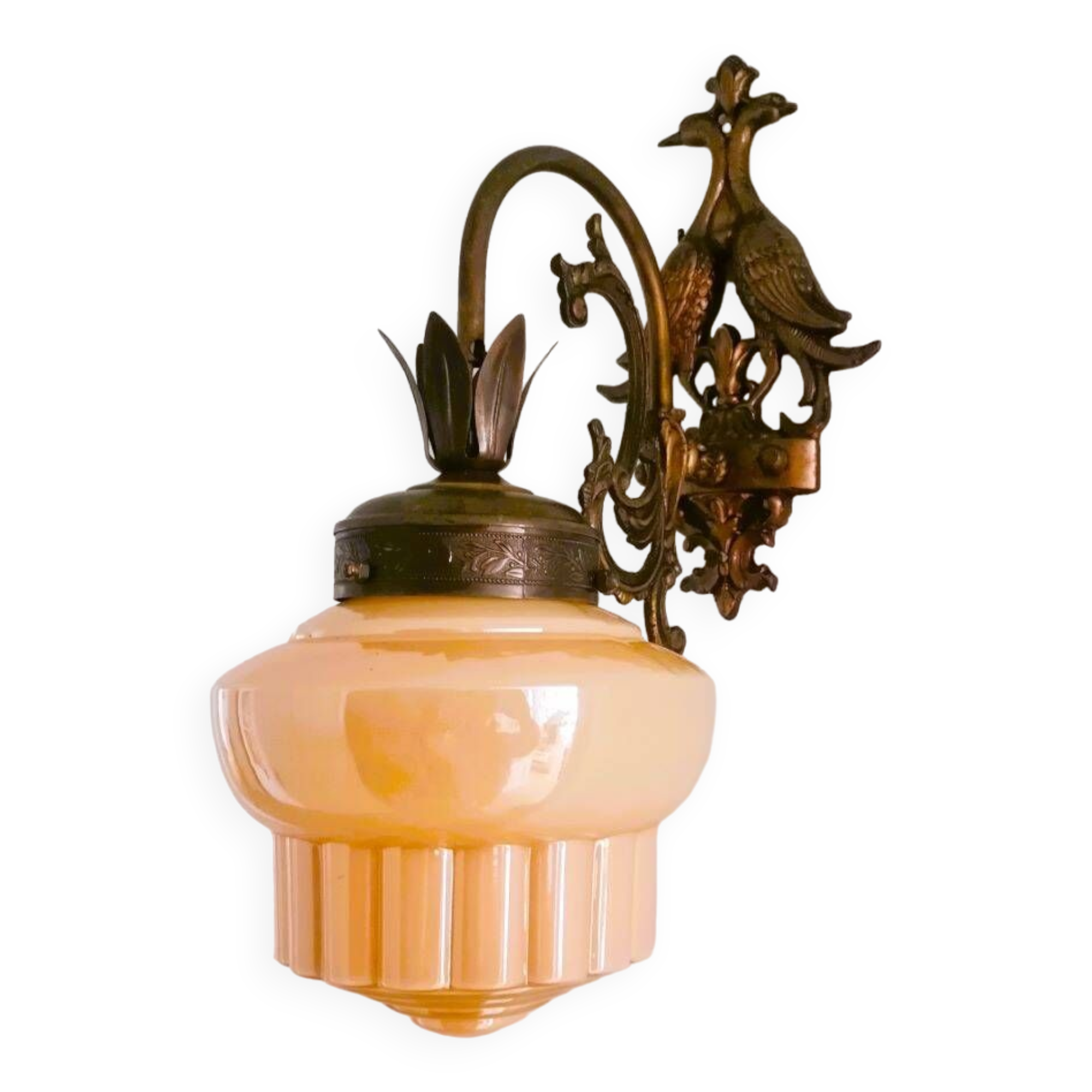 Art Deco iridescent glass and cast iron birds wall lamp 1940s