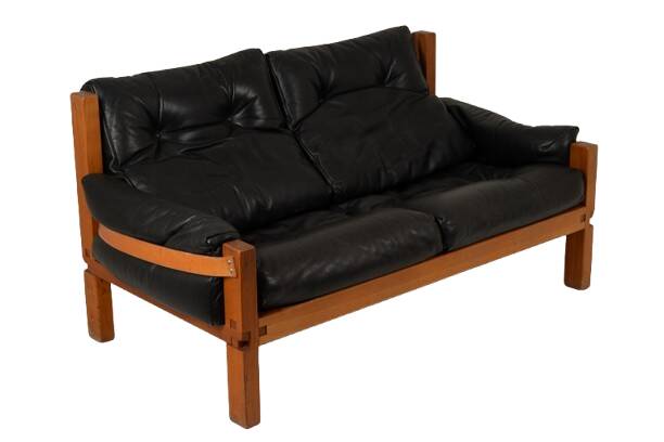 Pierre Chapo. S22 two-seater sofa, in elm and black leather. 1970