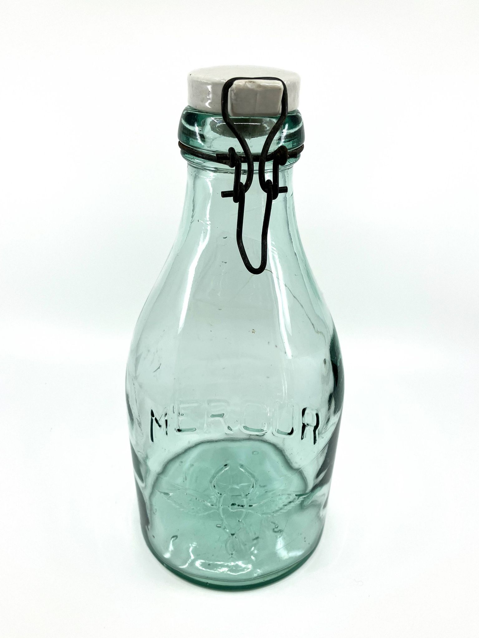 Grande bouteille "Mercur" en verre et bouchon en céramique • 2L • 1930