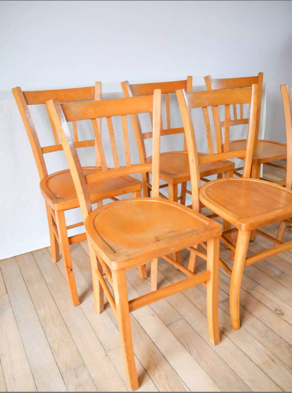Set of 6 luterma blond wood bistro chairs 1950