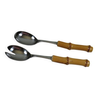 Vintage salad service Solingen in stainless steel and bamboo – Germany