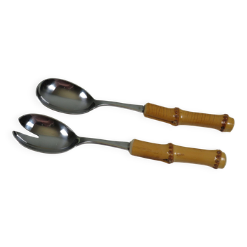 Vintage salad service Solingen in stainless steel and bamboo – Germany