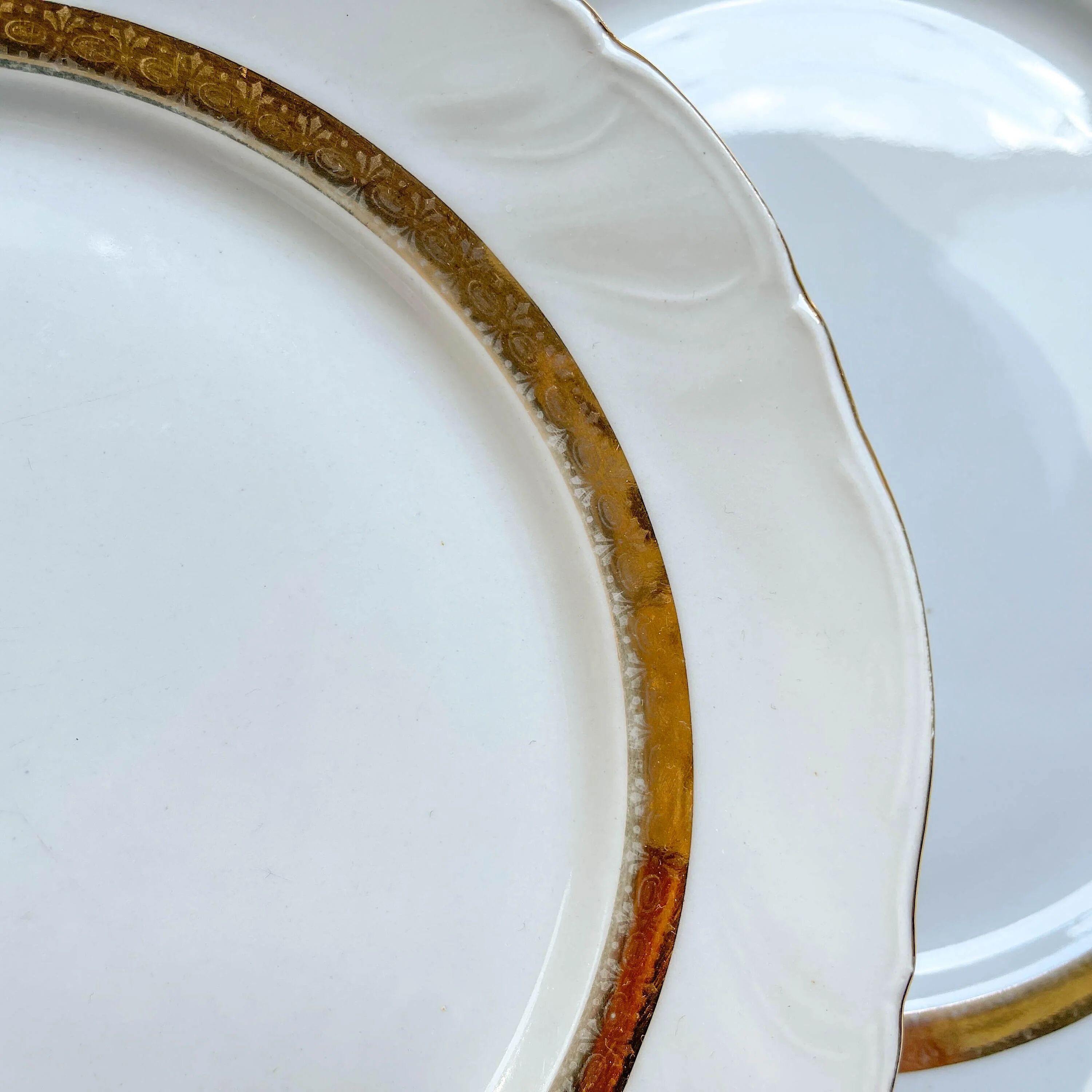 6 Vintage White and Gold Porcelain Dinner Plates Limoge France ADP "Ariane" - Elegant Antique French Tableware