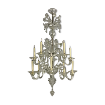 Lustre vénitien en verre de Murano transparent 10 bras de lumière sur deux niveaux