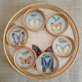 Set tray and 6 under glass bamboo vintage butterflies