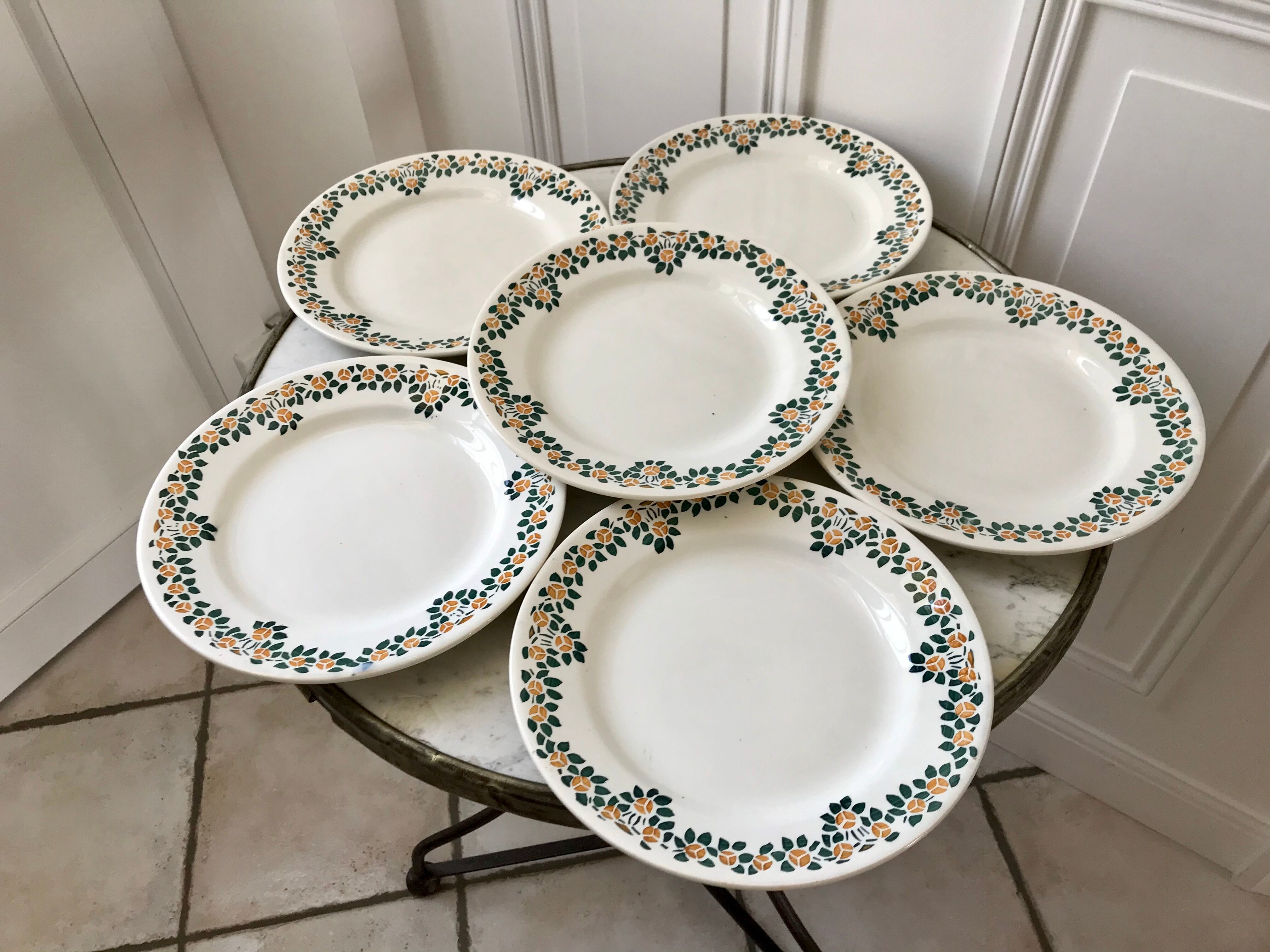 Set of 6 flat plates earthenware New Givors model "RIta" 30s