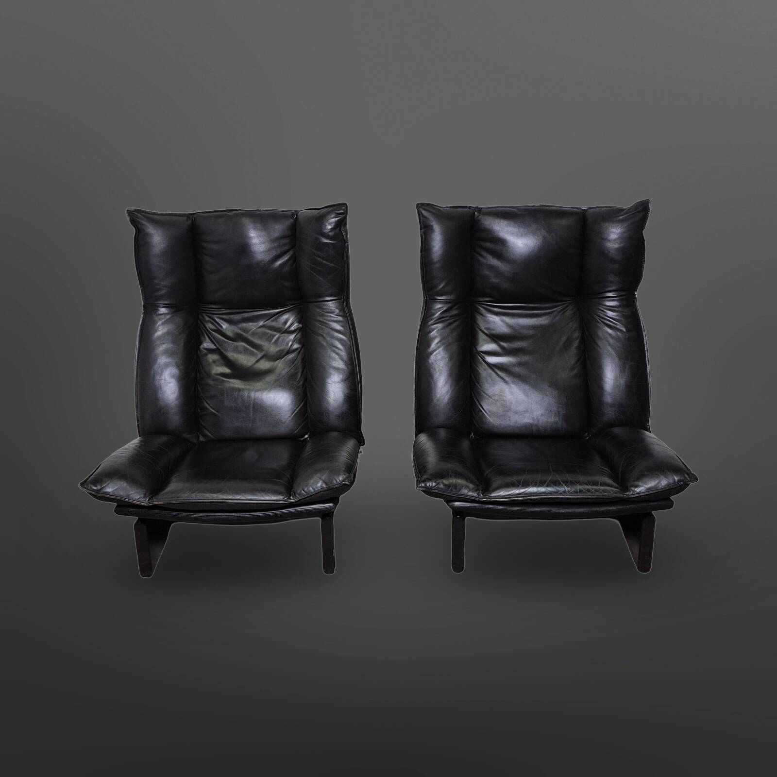 Set of 2 black leather lounge chairs by Peem Oy, Finland 1970s