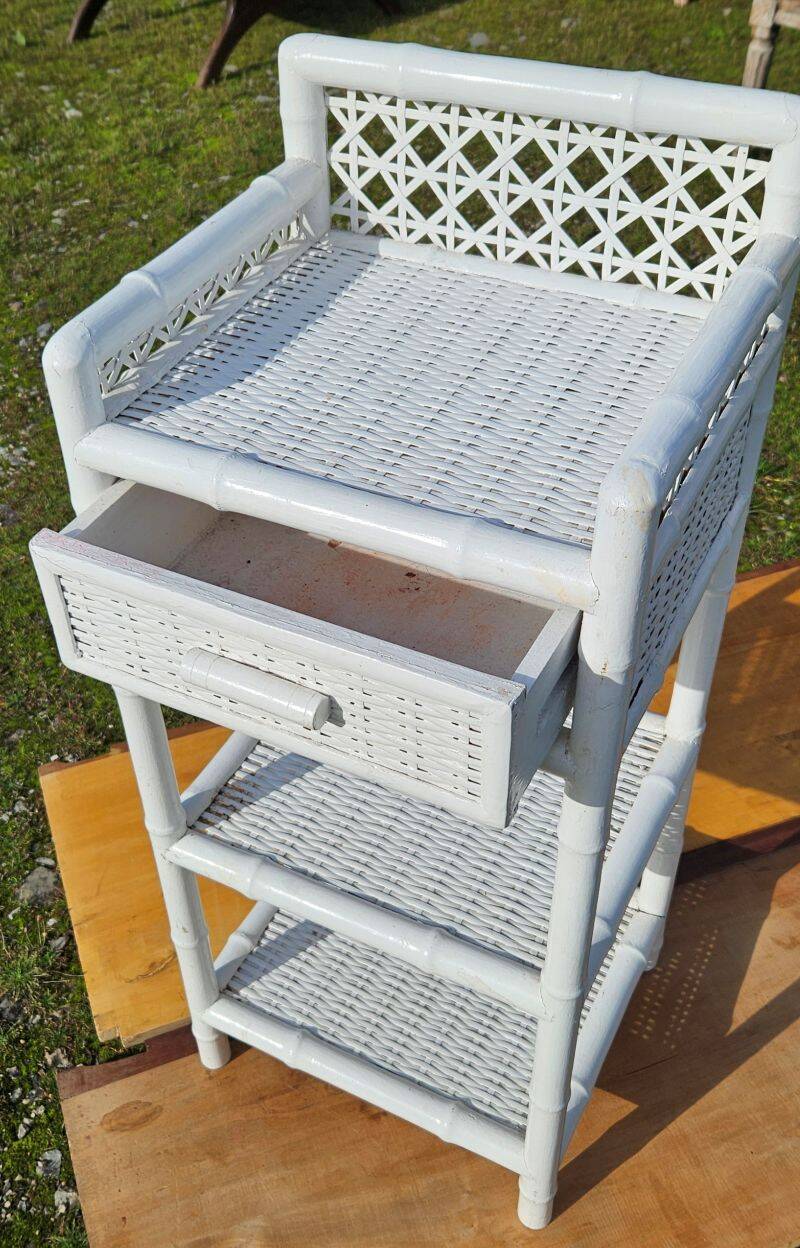 Vintage White Woven Rattan Bedside Table