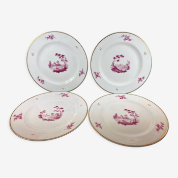 4 assiettes dessert porcelaine blanche et rose décor paysage