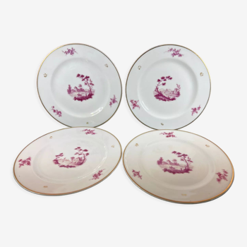 4 dessert plates white porcelain and pink landscape décor