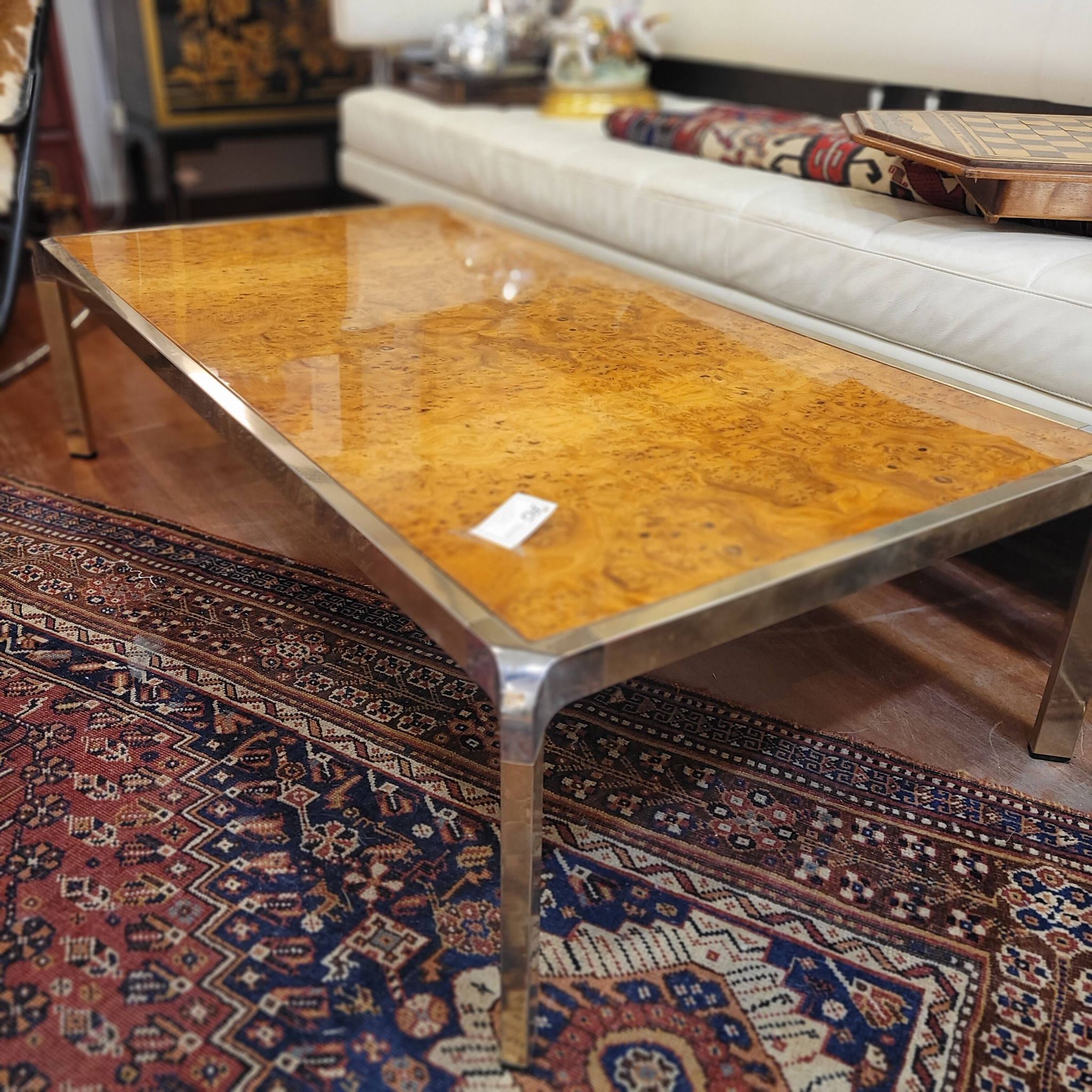 Table basse en ronce de bois et acier, France années 1970
