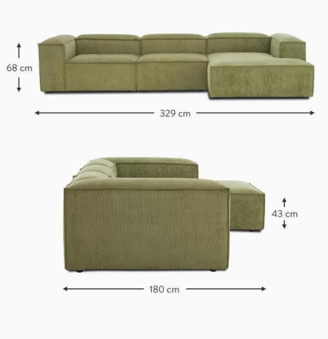 Lennon green corduroy modular corner sofa
