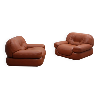 Sapporo cognac leather armchairs by Mobil GIRGI 1970s