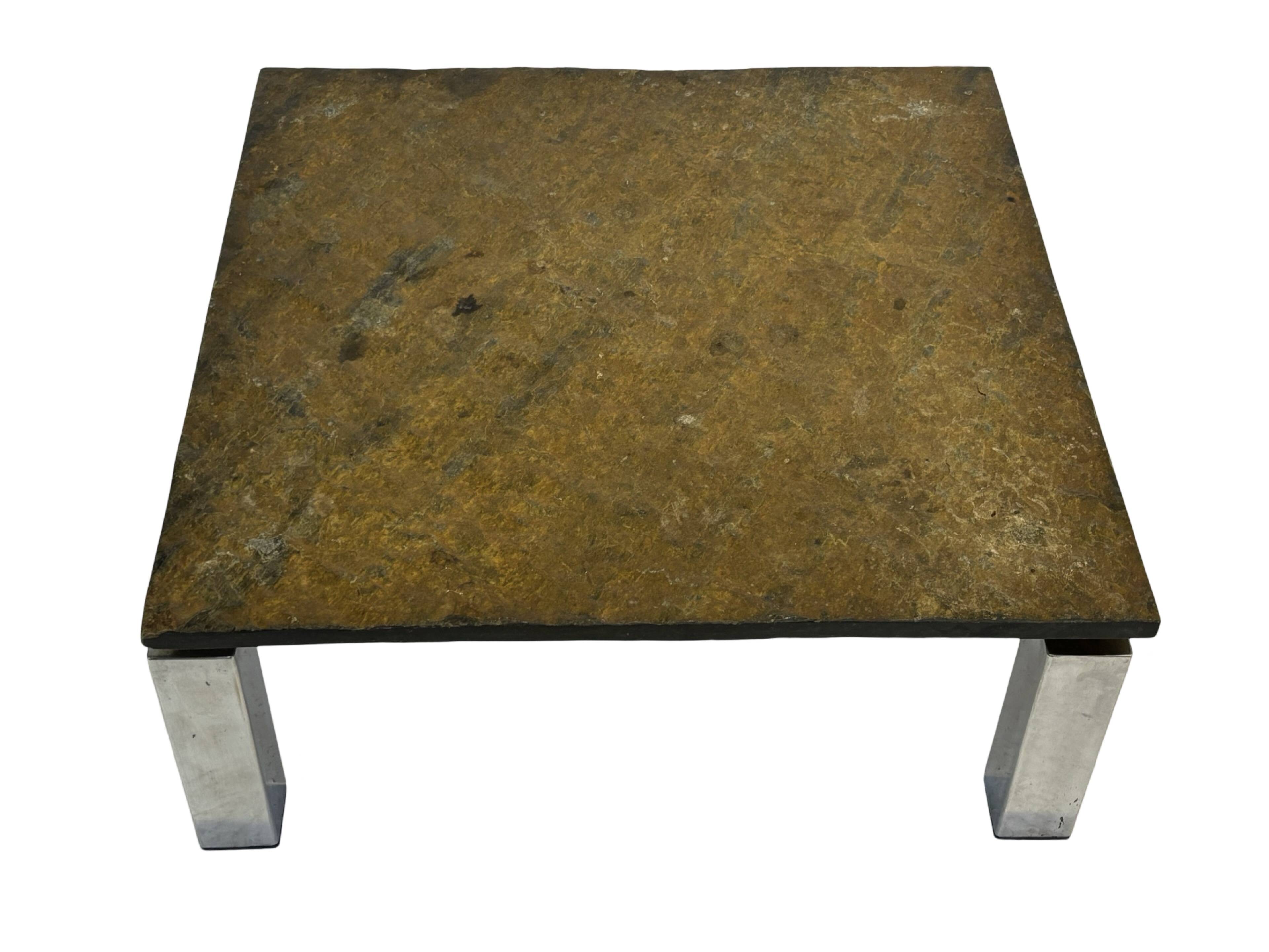 Table basse carrée plateau en pierre et piètement en acier chromé - années 60
