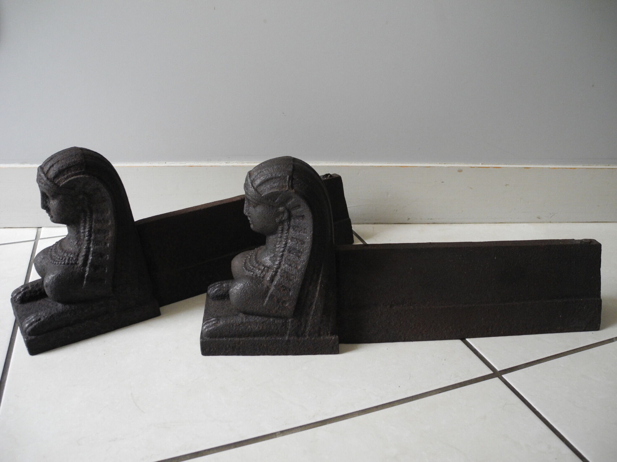 Pair of old chenets sphinx cast iron deco back from egypt