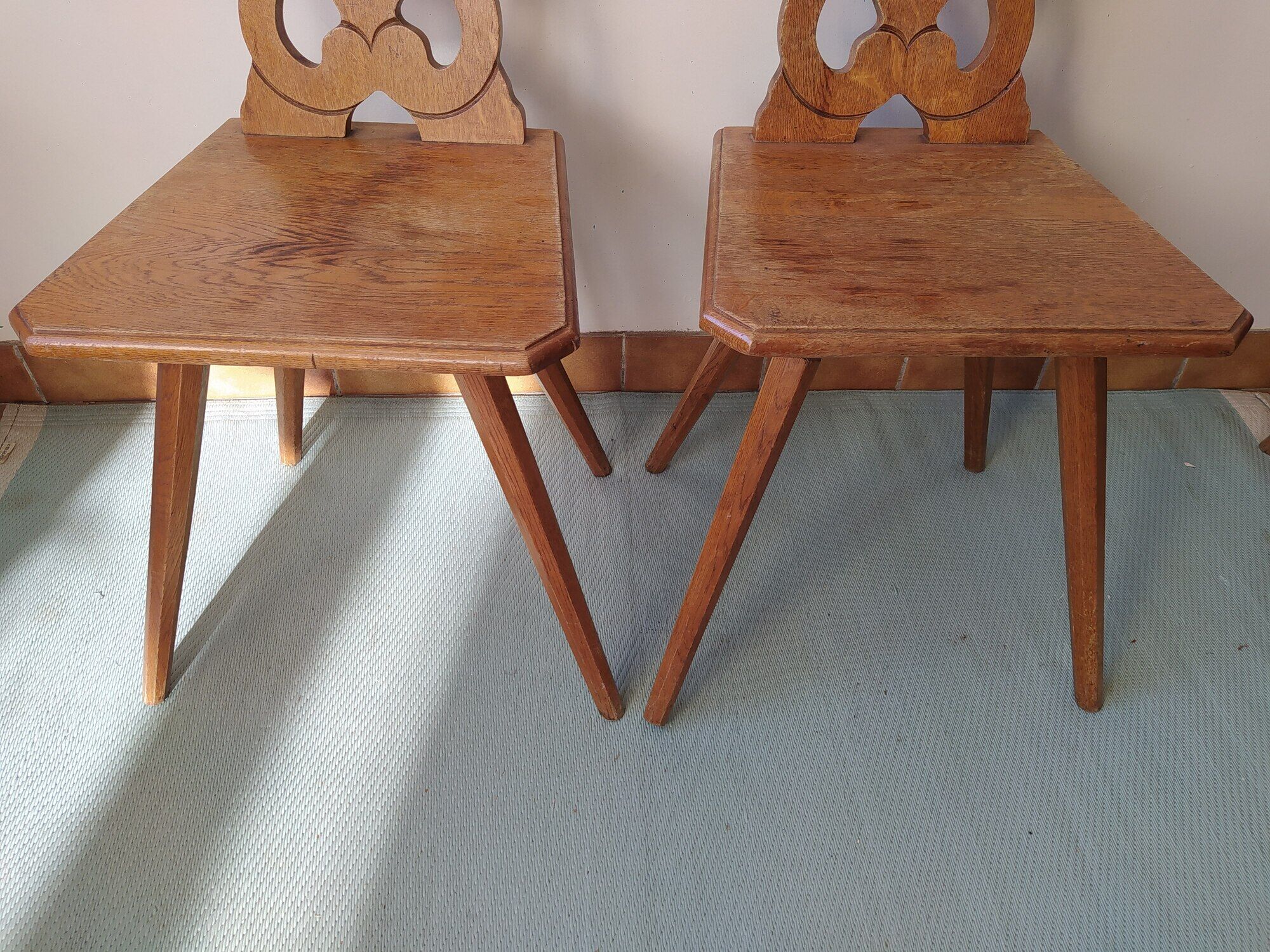 Pair of savoyard mountain chairs carved wooden chalet