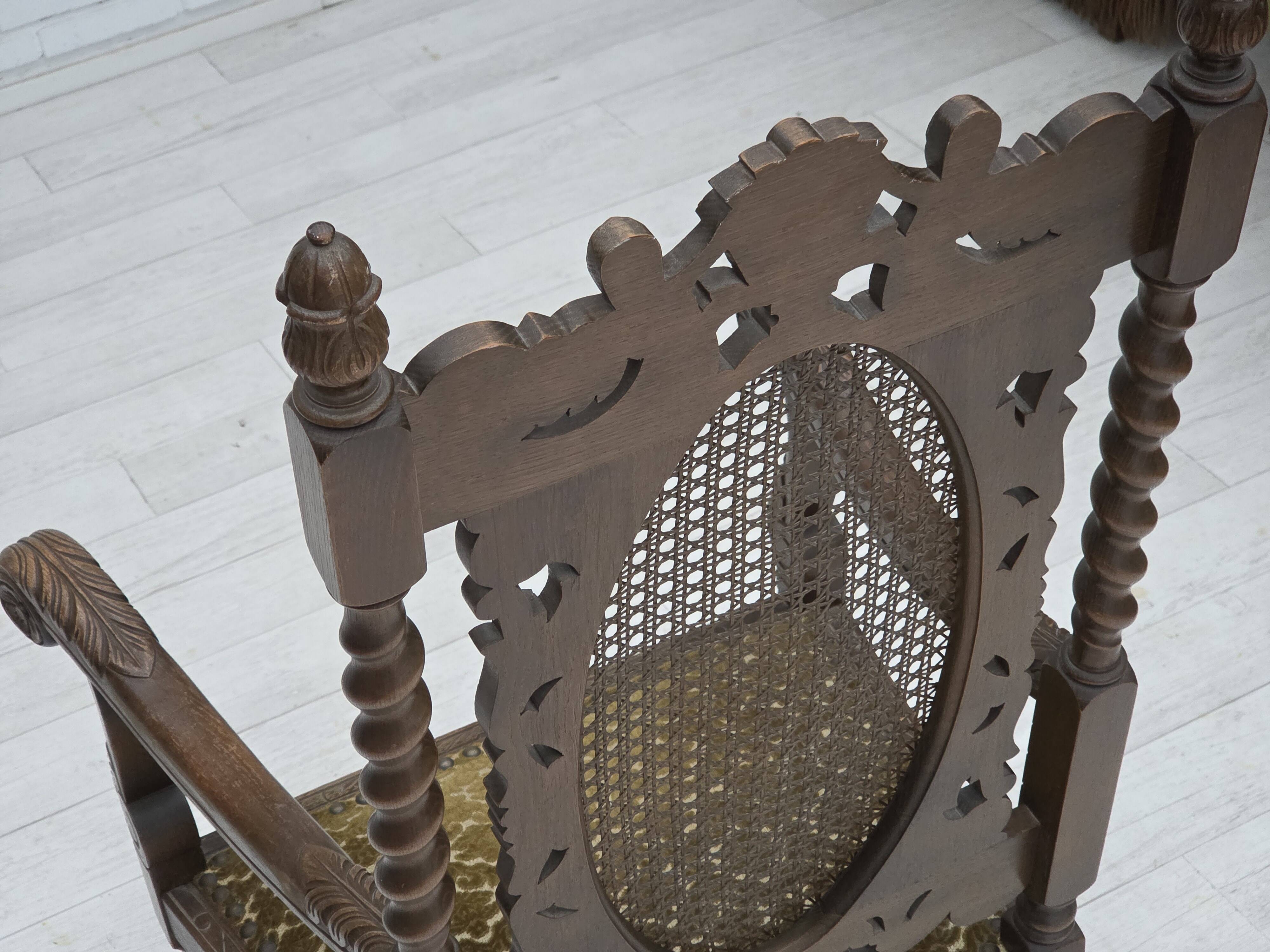 1930s, Danish highback armchair, furniture mesh, velour, carved oak wood.