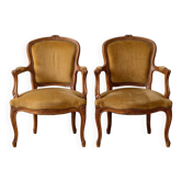Pair of Louis XV armchairs in golden velvet