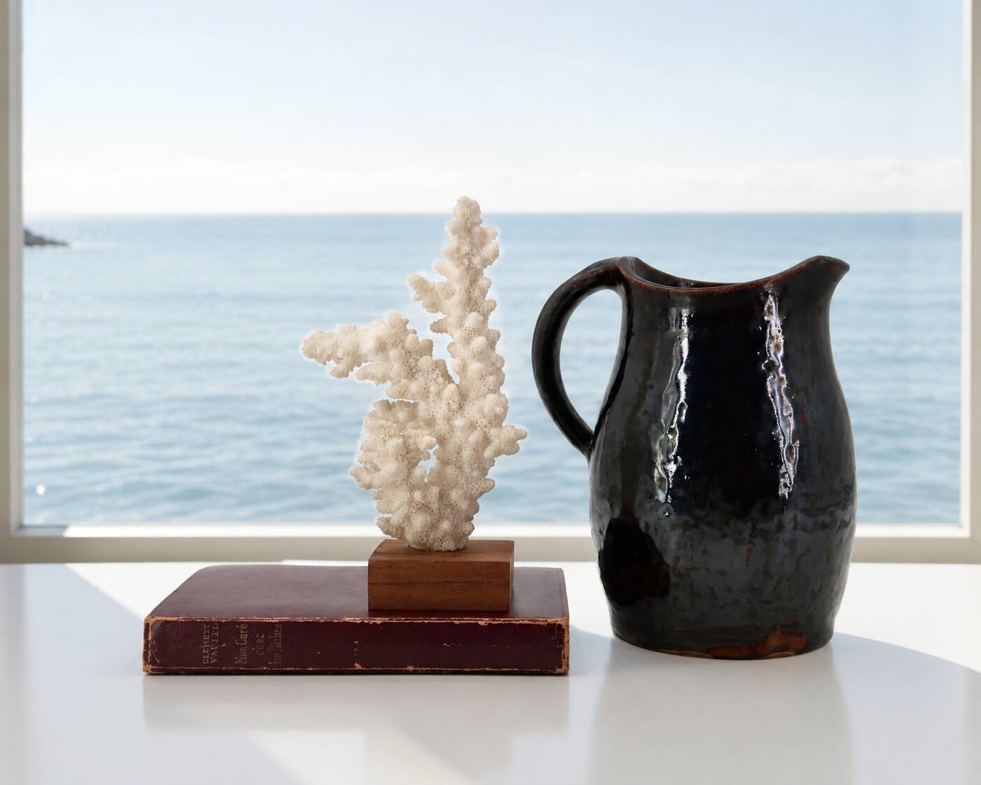 Natural white coral on a wooden base, 1970s.