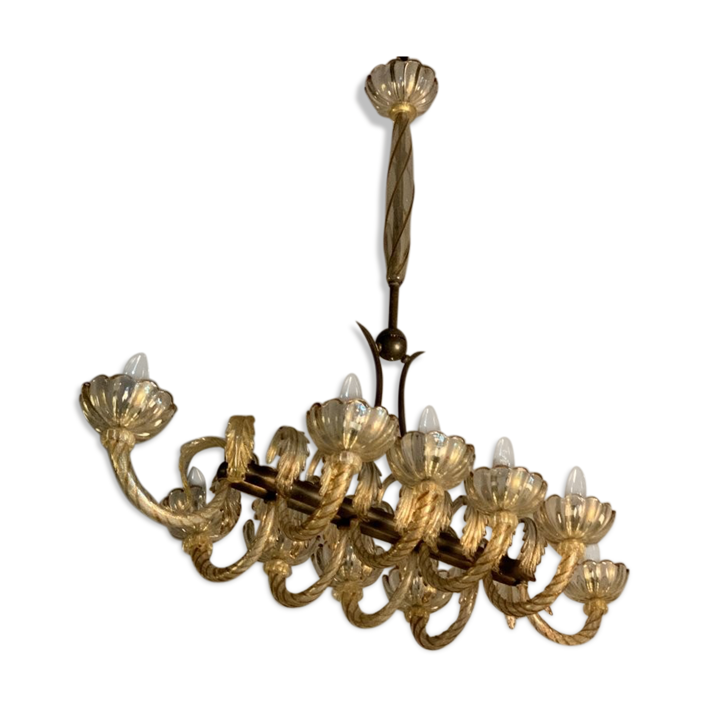 Lustre en verre de Murano doré et mordoré, Venise vers 1940