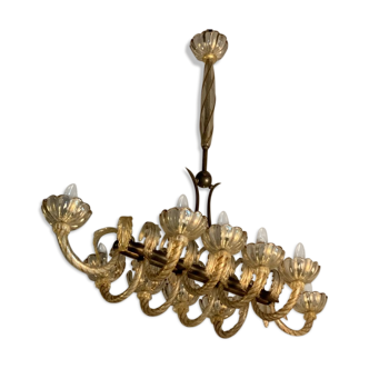 Chandelier in gilded and gilt Murano glass, Venice circa 1940