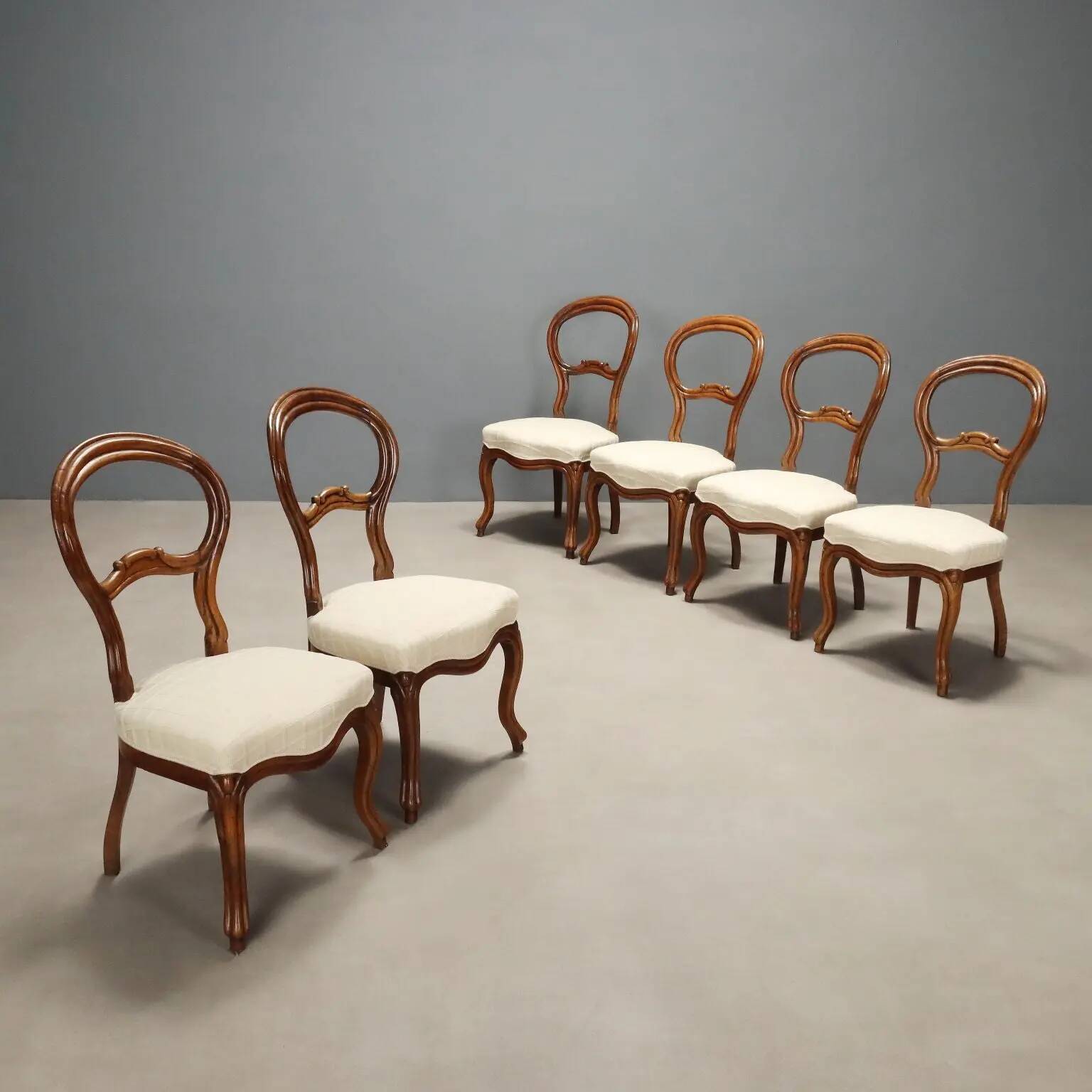 Antique Louis-Philippe chairs in walnut and fabric, Italy, 19th century.