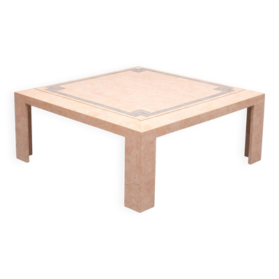 Table basse Robert Marcius en marbre rose tessellé et incrustations de laiton, années 1970