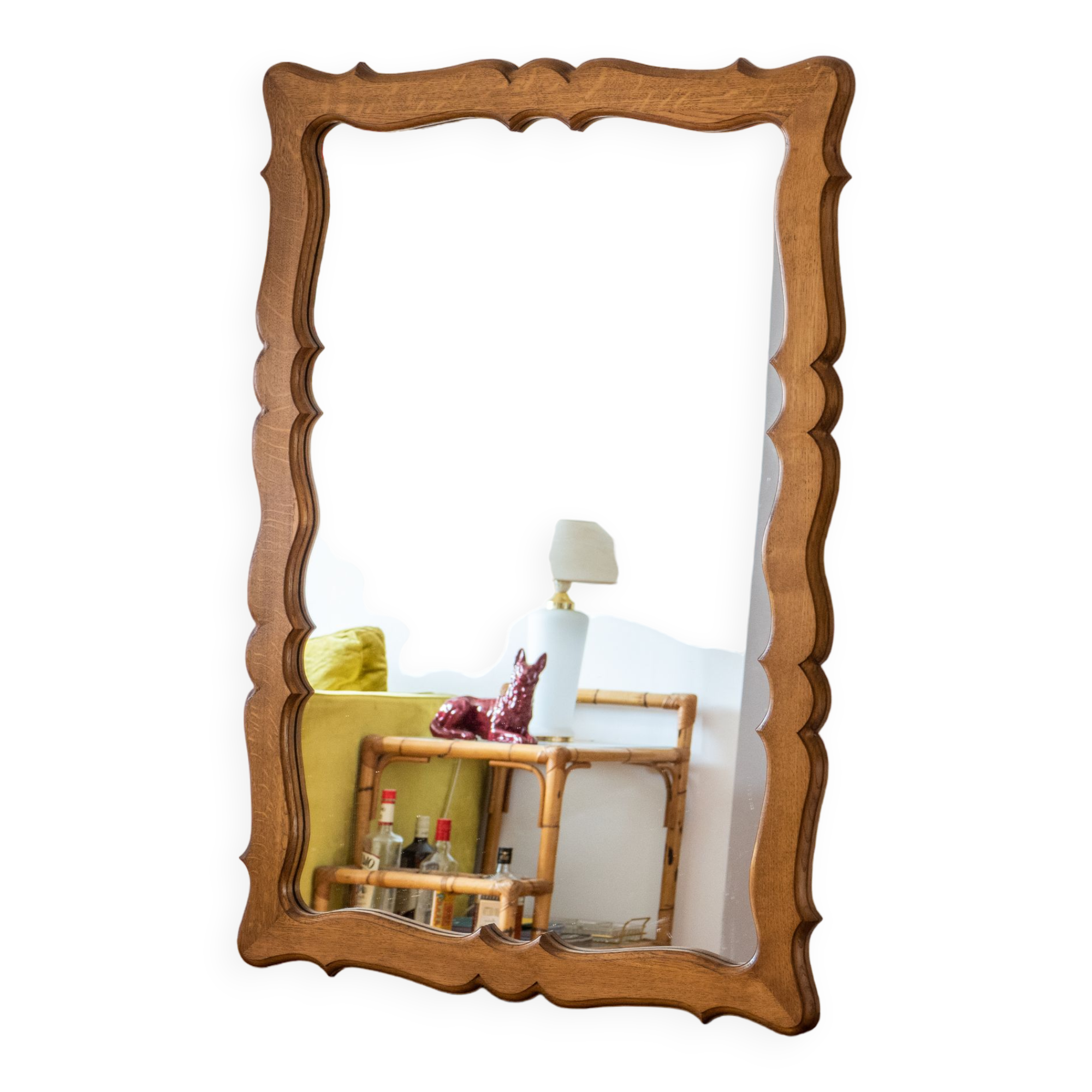 Very large vintage mirror in scrolled solid oak