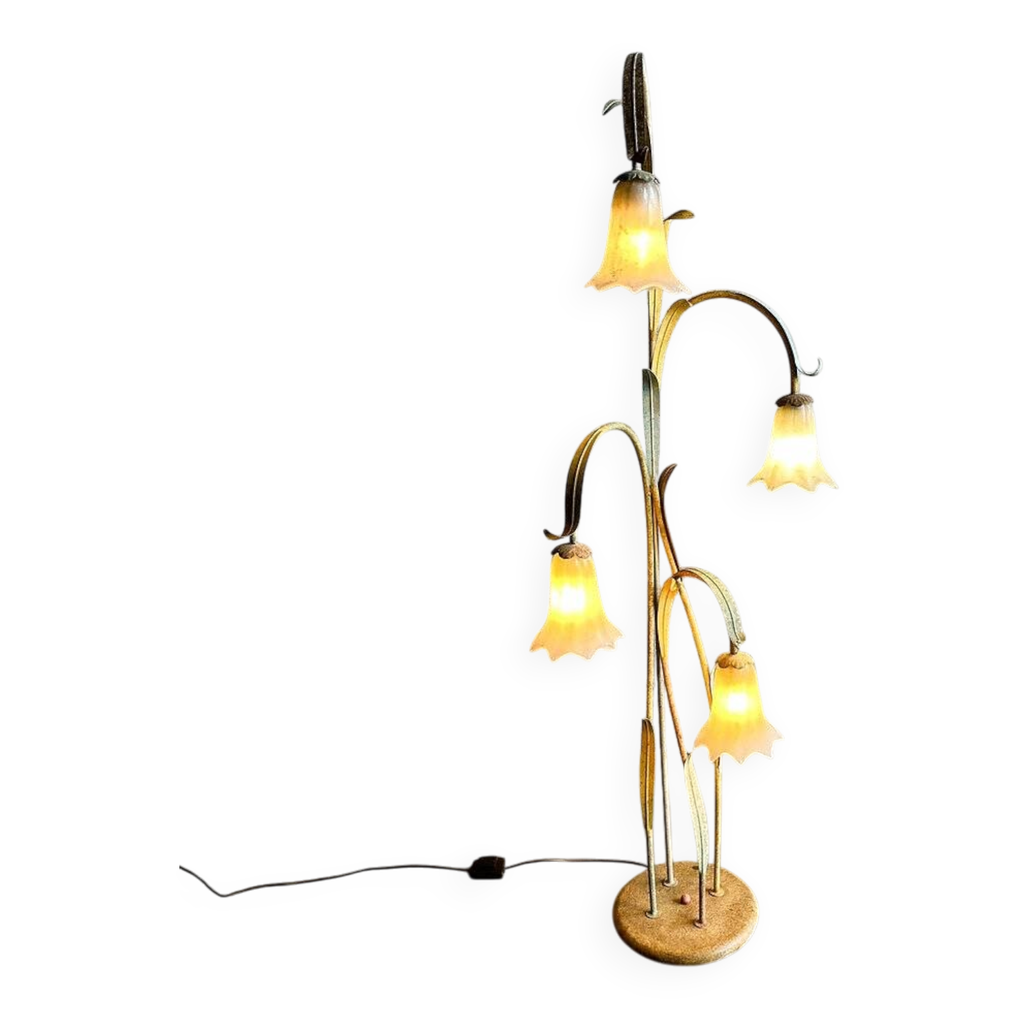 Mid-century elegant toleware floral floor lamp with glass pendants, France 1980