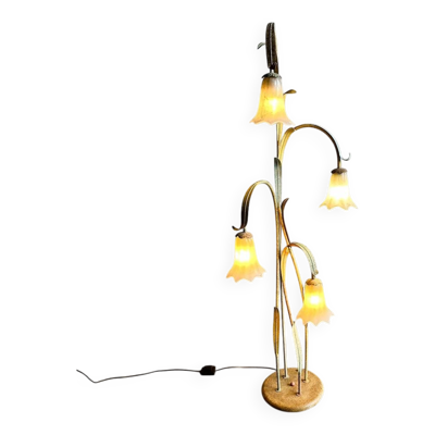Lampadaire floral élégant en tôle d'acier avec pendentifs en verre, milieu du siècle, France 1980