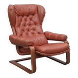 Sculptural Ear-Back Lounge Armchair — Moulded Wood — Deep Button