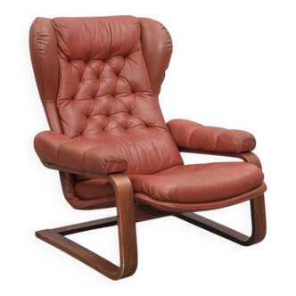 Sculptural Ear-Back Lounge Armchair — Moulded Wood — Deep Button