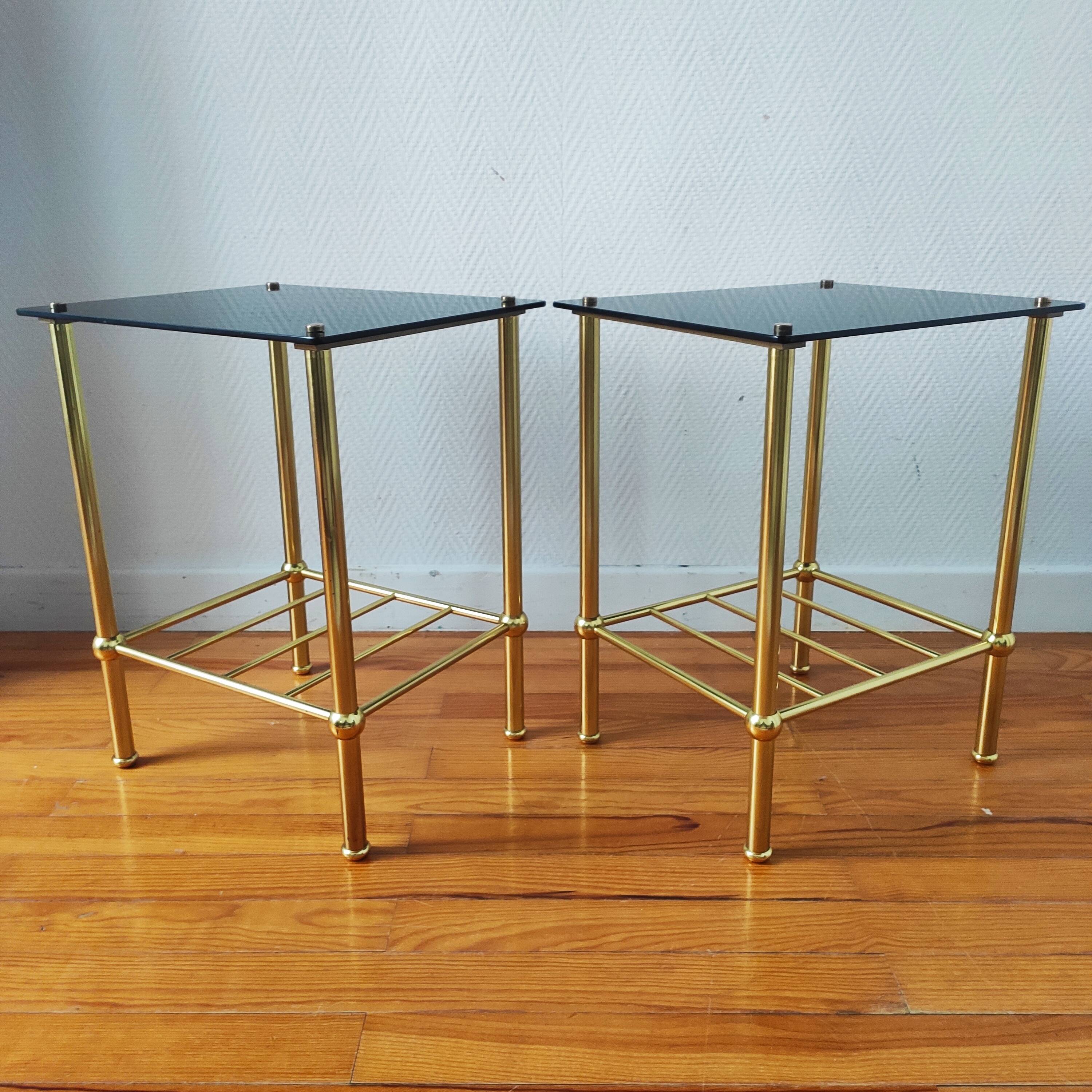 Pair of vintage 70s glass and brass sofa ends