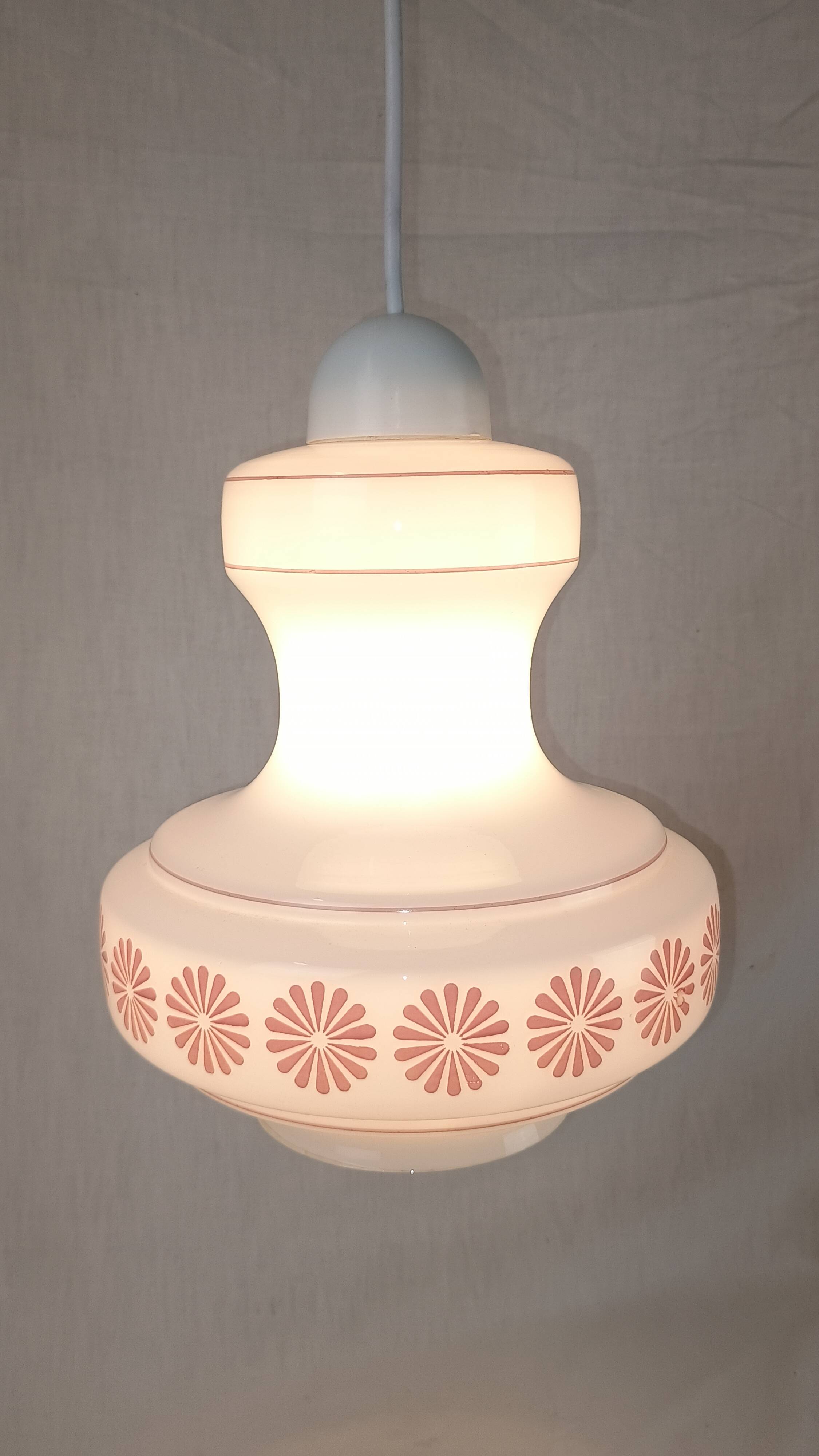 Vintage French pendant light in cream-white glass with pink flowers