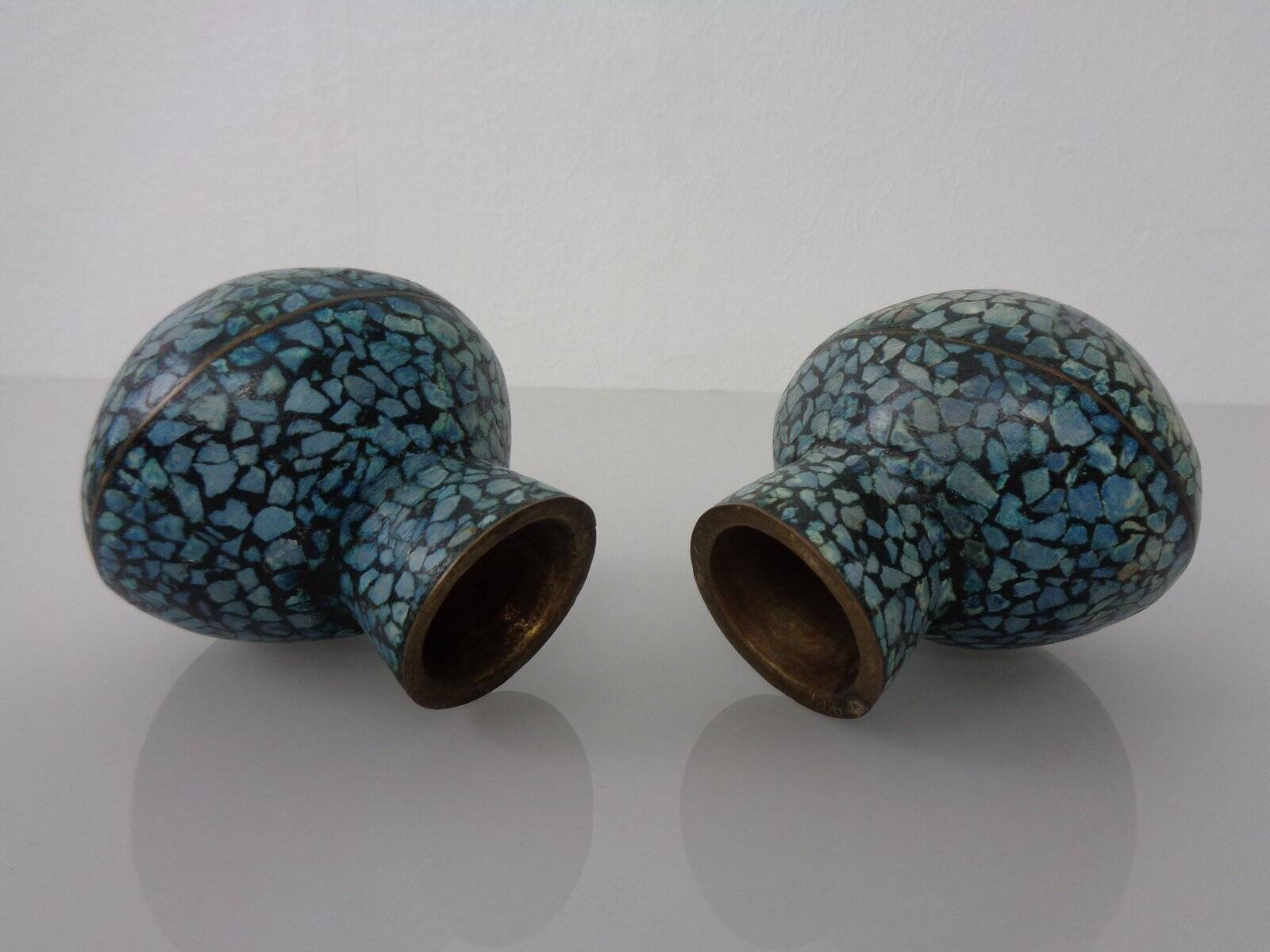 Vintage Indian Copper & Turquoise Stone Ashtrays, 1960s, Set of 2