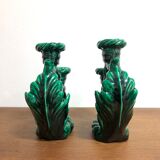 Pair of vintage candle holders in green ceramic color in vallauris style