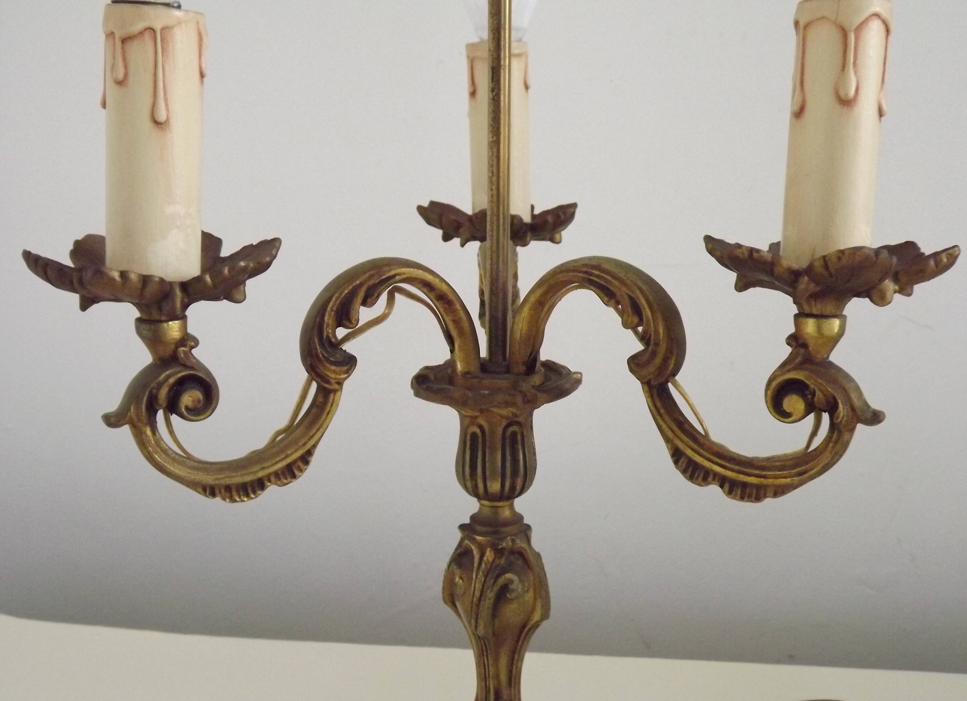 Bronze French Antique Art Nouveau 3-Light Candelabra Lamp Pleated Shade