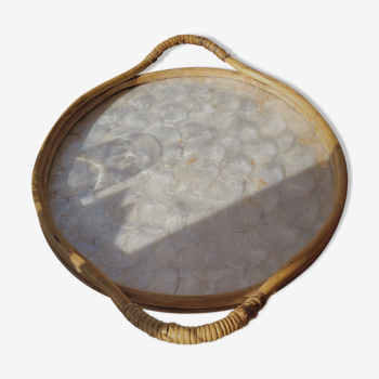 Rattan wood and mother-of-pearl tray