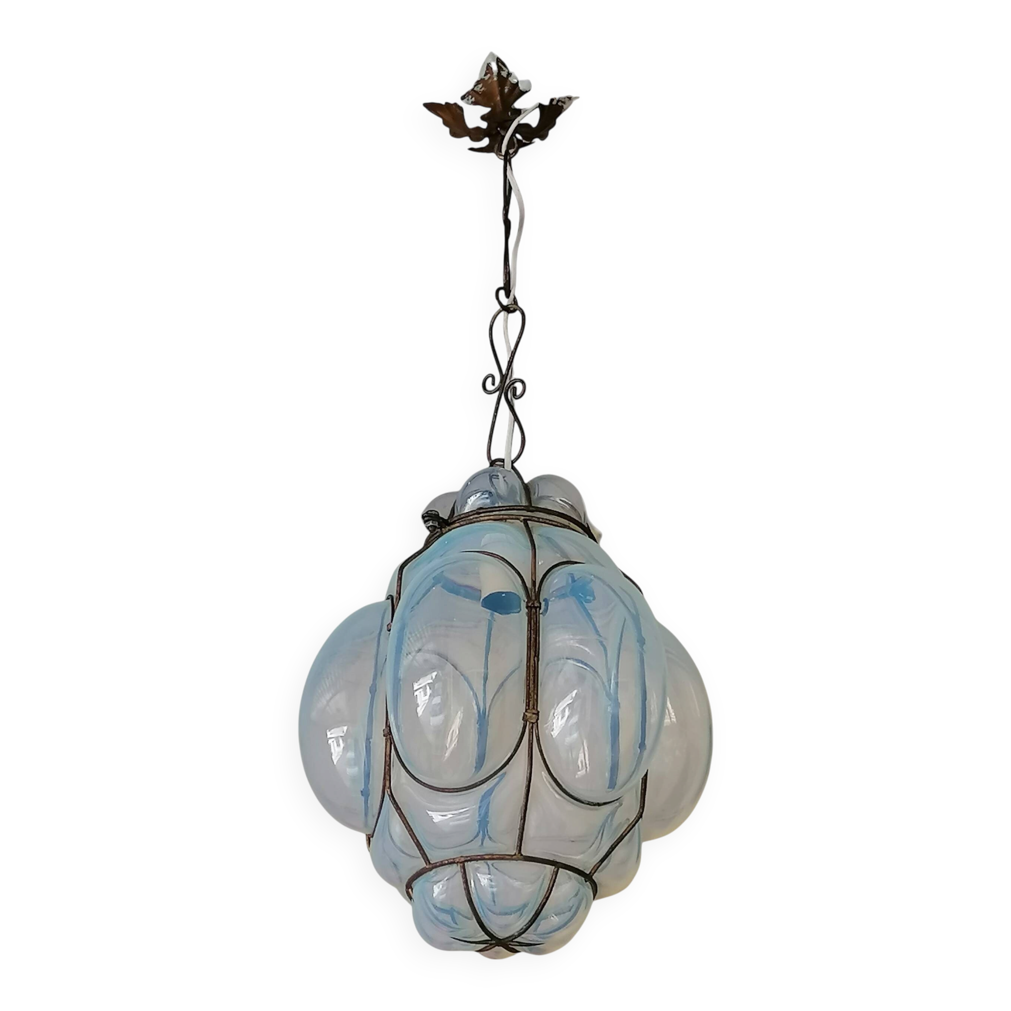 Venetian Lantern Chandelier Murano Glass Blown Caged, 1970s