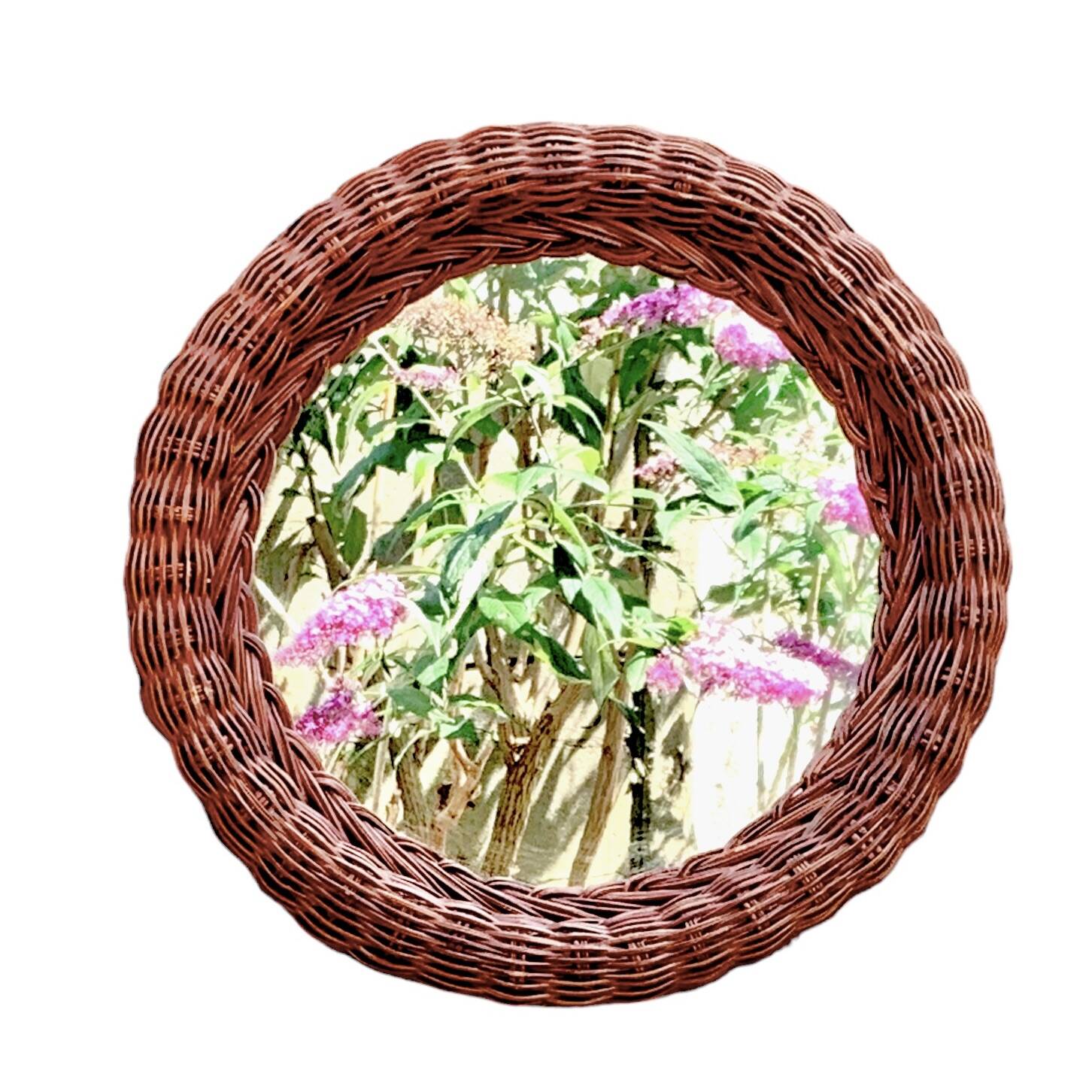 Vintage round woven rattan wall mirror