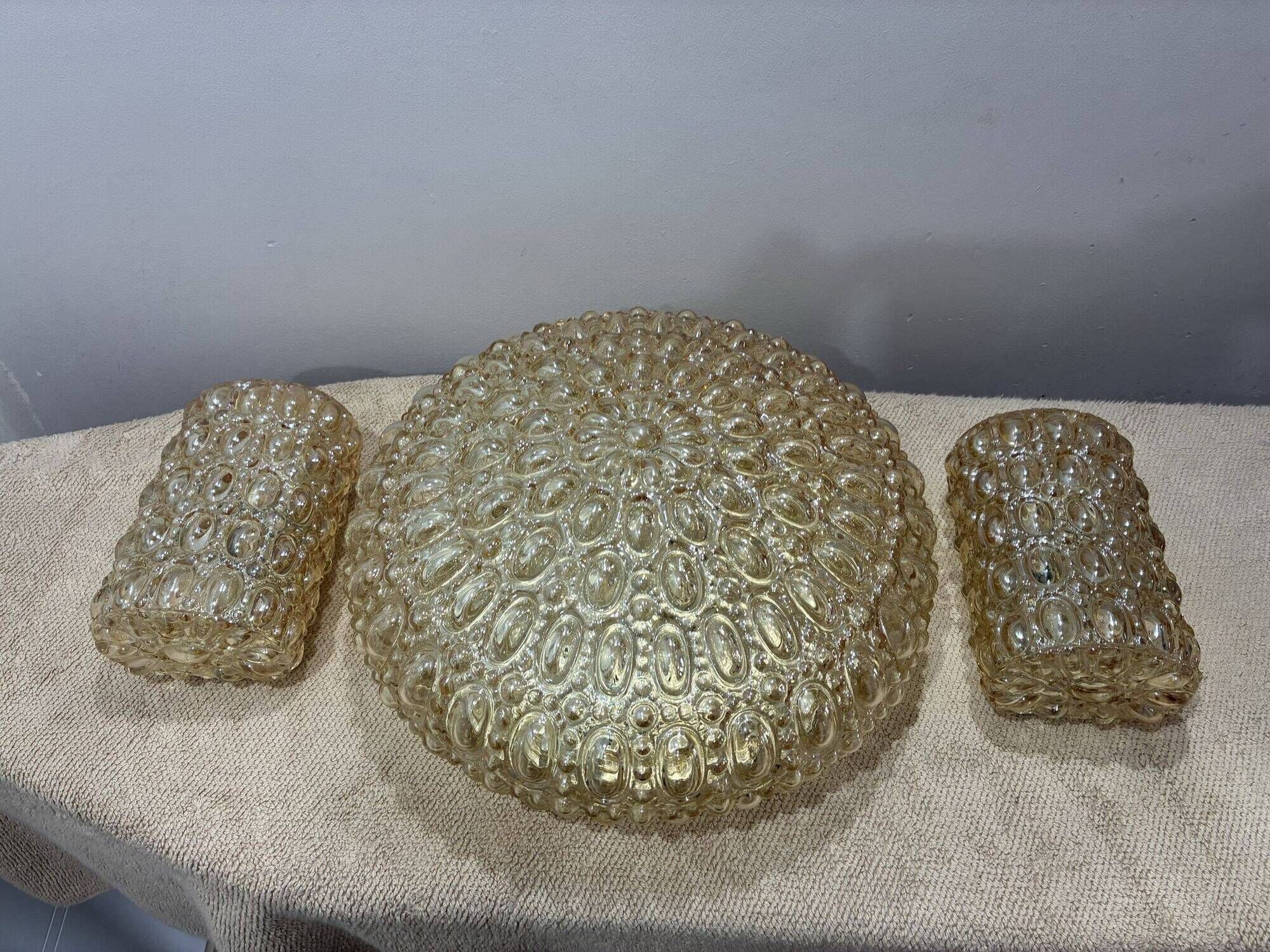 Glashütte Limburg amber bubble glass ceiling light and 2 sconces, 1960s