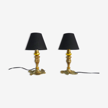 Paire de lampes de table pied laiton et abat-jour noir années 50