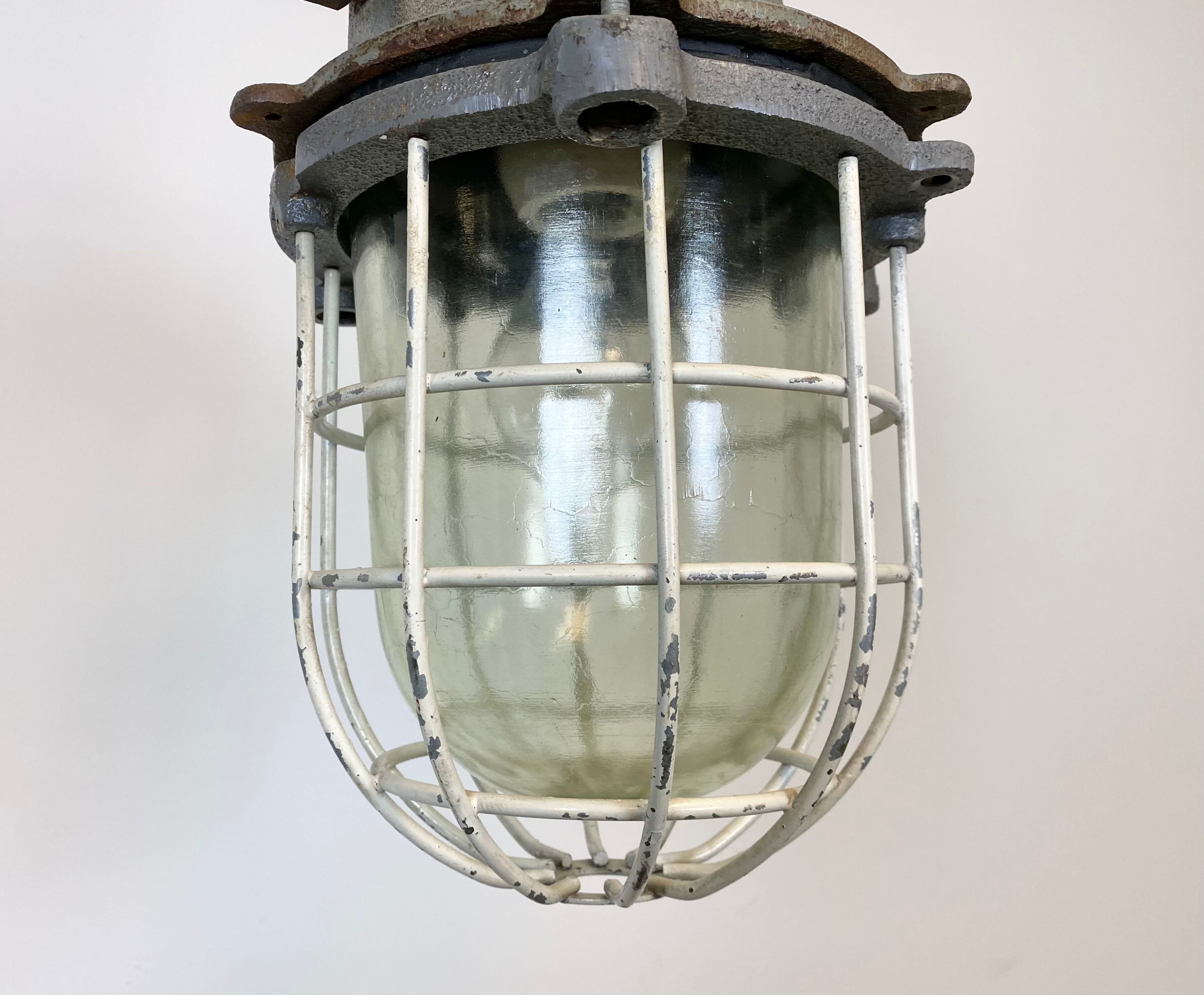 Grey cast iron industrial cage pendant light, 1970s