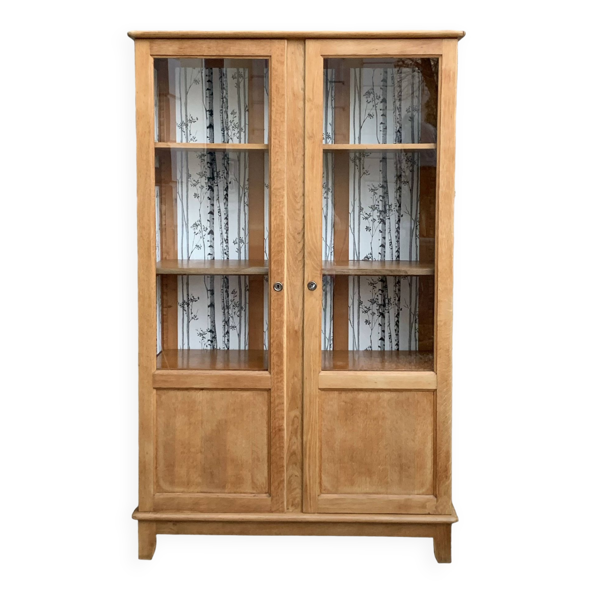 Solid raw oak school glass cabinet 1950