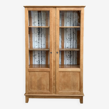 Solid raw oak school glass cabinet 1950