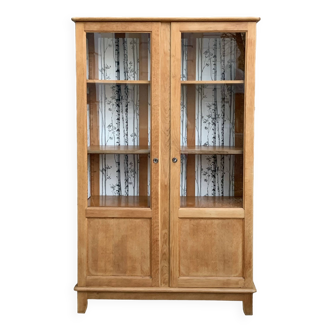 Solid raw oak school glass cabinet 1950