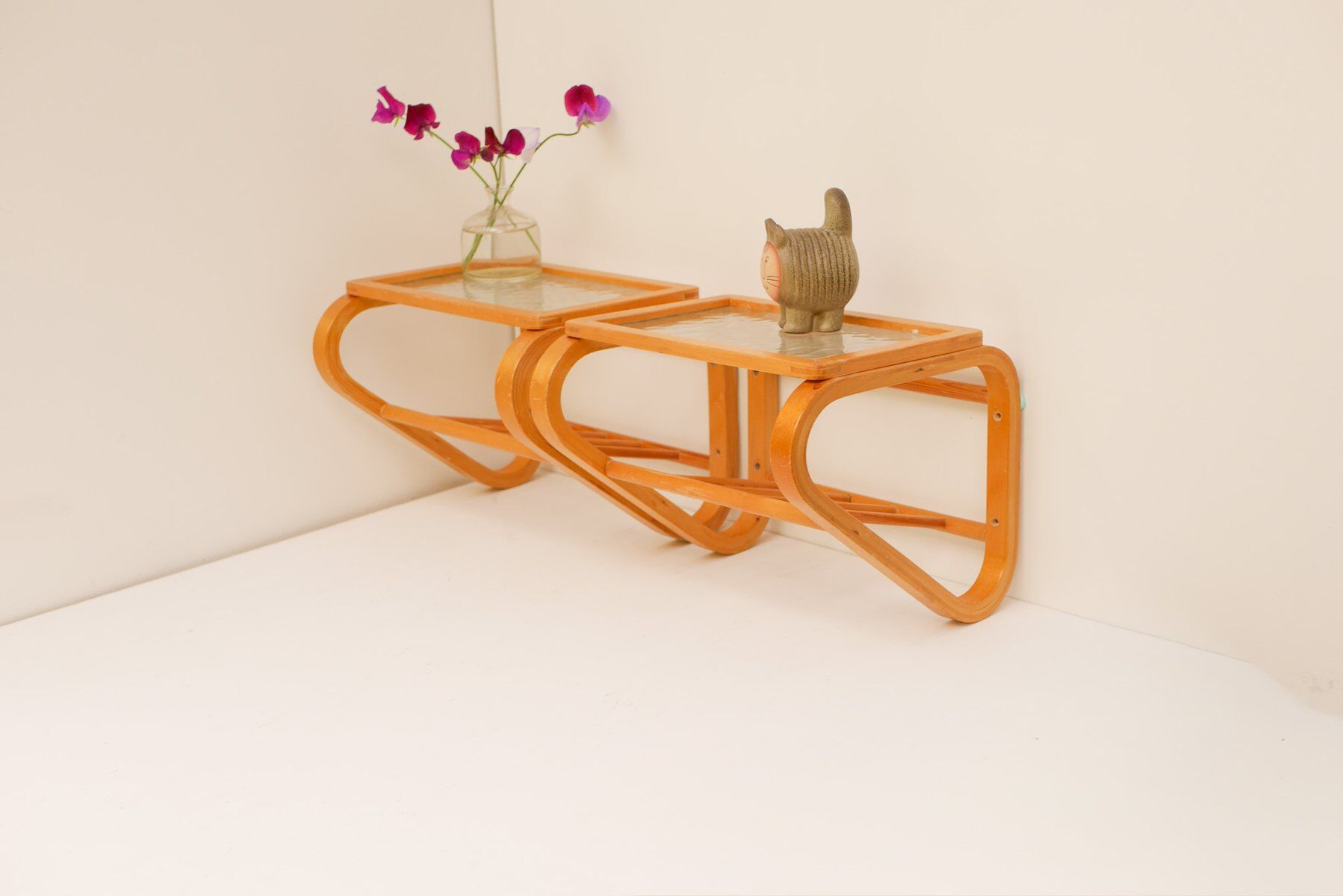 Scandinavian bentwood and glass bedside tables from Gemla, 1920s, set of 2