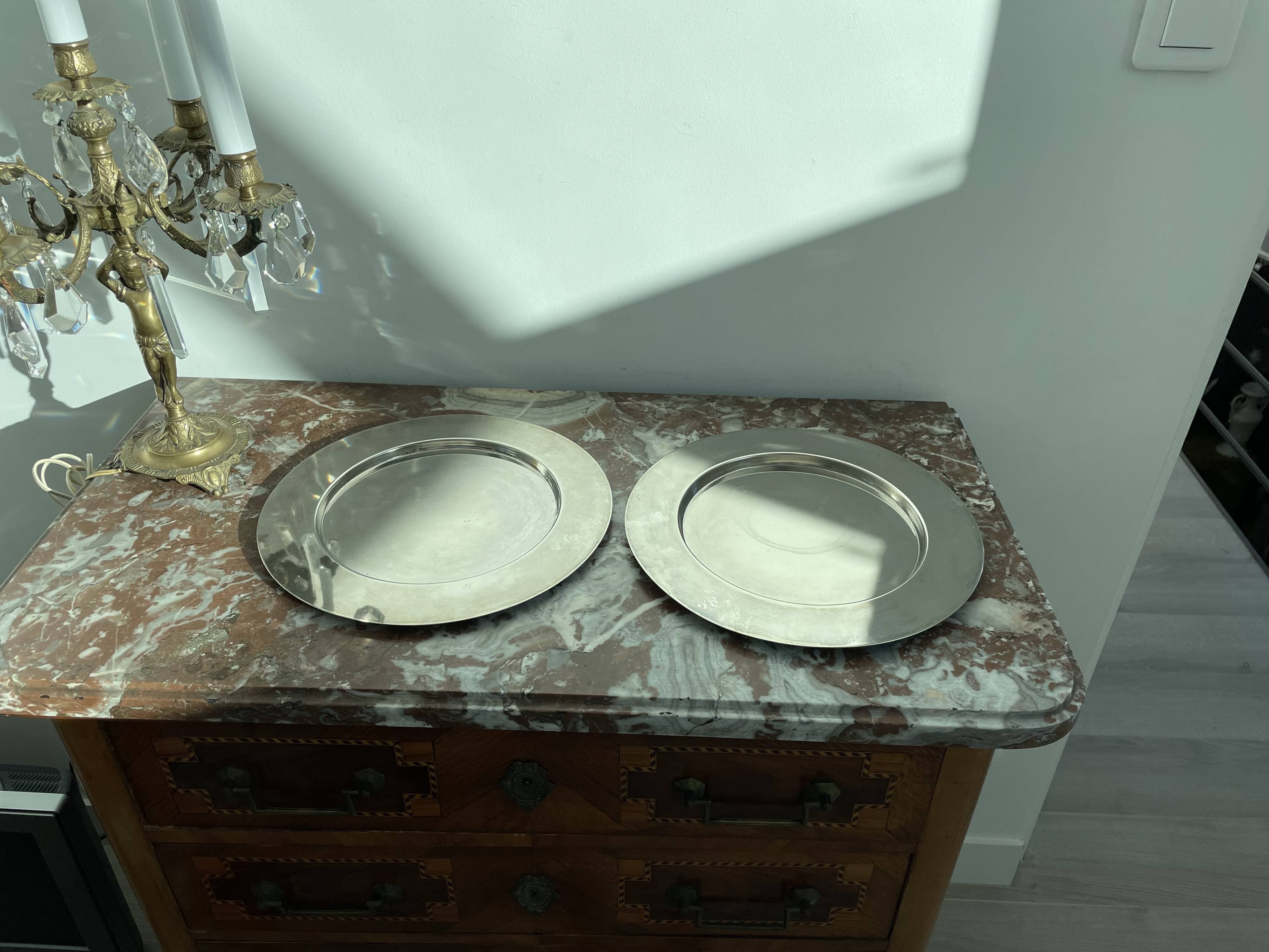Pair of vintage, underplates, silver metal